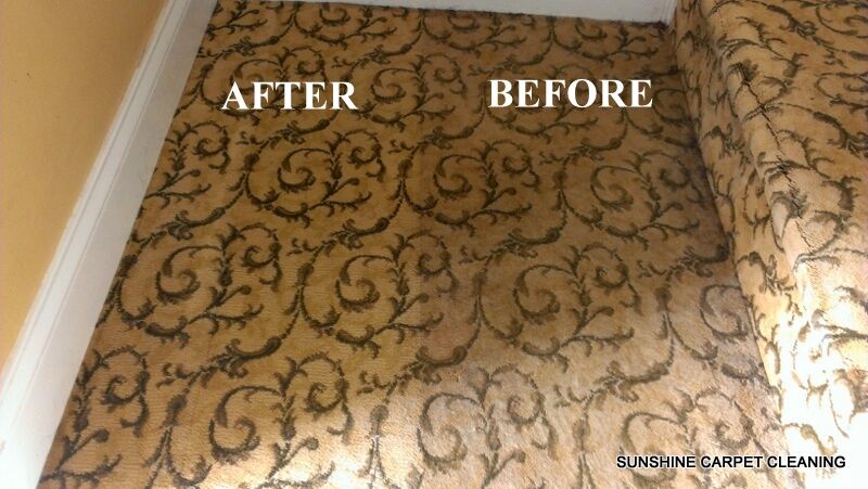 before and after of cleaned carpet on stairs