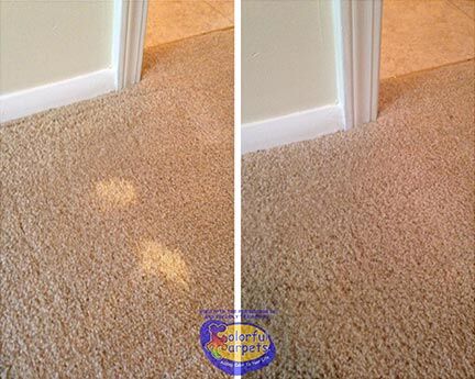 before and after shots of bleach spots on carpet